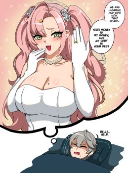 1boy 1girl bare_shoulders blush breasts detached_sleeves dreaming dress elbow_gloves gloves green_eyes grey_hair highres jewelry lion_space long_hair looking_at_viewer mole mole_on_breast mole_under_eye necklace nicole_demara nightmare on_bed open_mouth pearl_necklace pillow pink_hair ring short_hair sleeping speech_bubble twintails wedding_dress wedding_ring white_dress wise_(zenless_zone_zero) zenless_zone_zero