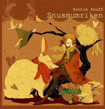 1boy animal apple bad_id bad_pixiv_id basket bird rabbit coffee_pot finland flower food fruit hat unworn_hat unworn_headwear kureiguuuu male_focus moomin oversized_animal owl scarf sitting snufkin snusmumriken solo sunaya swedish_text tree