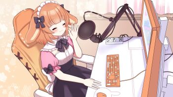 1girl :3 alternate_costume back_bow black_bow black_bowtie black_skirt blush bow bowtie chair closed_eyes closed_mouth commentary computer computer_keyboard computer_mouse curtains detached_collar english_commentary frills highres himasen maid_headdress miuna_usako monitor mousepad_(object) multiple_monitors orange_hair pink_sleeves pixellink puffy_sleeves second-party_source sitting skirt solo table virtual_youtuber