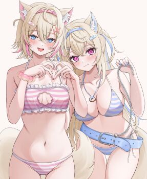 2girls 7nopi :3 :d absurdres ahoge alternate_costume animal_ear_fluff animal_ears armpit_crease bare_shoulders belt belt_buckle bikini blonde_hair blue_belt blue_bikini blue_eyes blue_hairband blush bracelet breasts buckle chain cleavage closed_mouth collarbone commentary_request cowboy_shot crossed_bangs curled_fingers curled_tail dog_ears dog_girl dog_tail dot_nose double-parted_bangs embarrassed eyebrows_hidden_by_hair fake_horns fang four-finger_heart_hands frilled_bikini frills fuwawa_abyssgard gluteal_fold groin hair_between_eyes hair_intakes hair_ornament hairband hairclip half-closed_eyes hands_up head_tilt heart heart_hands highres holding holding_chain hololive hololive_english horn_hairband horns jewelry leaning_forward leaning_to_the_side legs_together long_eyelashes long_hair looking_at_viewer loose_belt medium_breasts mococo_abyssgard multicolored_bikini multicolored_hair multiple_girls narrowed_eyes navel necklace open_mouth own_hands_together parallel_hairclips parted_hair pink_bikini pink_eyes pink_hair pink_hairband pink_nails pink_streaks raised_eyebrows raised_inner_eyebrows short_hair siblings side-tie_bikini_bottom sidelocks simple_background sisters skin_fang skindentation small_breasts smile sparkling_eyes standing straight-on streaked_hair string_bikini striped_bikini striped_blush striped_clothes sweatdrop swimsuit tail thick_eyelashes thigh_gap thighs two-tone_bikini two-tone_hair two_side_up very_long_hair virtual_youtuber white_background white_bikini wide_hips x_hair_ornament