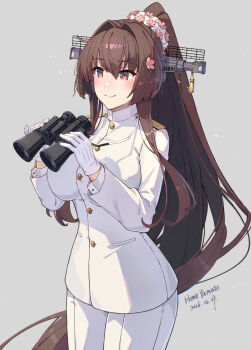 Rule 34 | 1girl, alternate costume, binoculars, breasts, brown hair, cherry blossoms, commentary request, epaulettes, flower, gloves, grey background, hair between eyes, hair flower, hair intakes, hair ornament, headgear, highres, himeyamato, holding, holding binoculars, huge breasts, jacket, kantai collection, long hair, military uniform, naval dress uniform, naval uniform, pants, ponytail, red eyes, revision, sidelocks, simple background, smile, solo, very long hair, white gloves, white jacket, white pants, yamato (kancolle)
