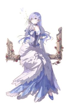 1girl blowing blue_eyes blue_shoes breasts bug butterfly cleavage collarbone crossed_bangs dress elbow_gloves flower frilled_sleeves frills full_body gloves hair_between_eyes hand_up highres insect long_dress long_hair original parted_lips purple_dress purple_hair qinglai_haiji red_flower red_rose rose shoes short_sleeves simple_background sitting solo white_background white_gloves