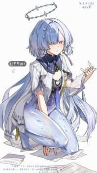 1girl absurdres artist_name breasts chinese_commentary colored_eyelashes commentary_request grey_hair hair_ornament halo highres holding holding_paper id_card jacket long_hair looking_at_viewer mornye_(wuthering_waves) paper parted_lips red_eyes see-through_body silver4581 small_breasts solo squatting tacet_mark_(wuthering_waves) white_jacket wuthering_waves