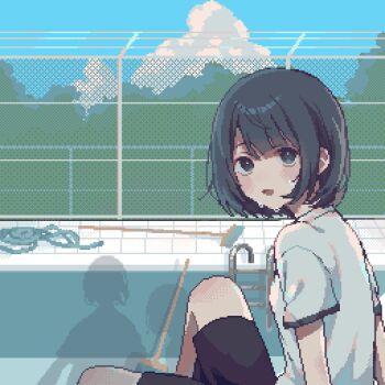 1girl asleep_onthebed black_shorts blue_sky cloud cumulonimbus_cloud day empty_pool fence highres hose open_mouth original outdoors pixel_art pool pool_ladder poolside shadow shirt short_sleeves shorts sitting sky sweat white_shirt