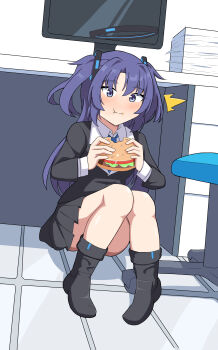 1girl absurdres black_boots black_jacket black_skirt blue_archive blue_necktie boots burger caught chair eating food halo highres holding holding_burger holding_food indoors jacket long_hair long_sleeves looking_at_viewer mechanical_halo monitor necktie nexos office_chair paper_stack pleated_skirt purple_eyes purple_hair shirt sitting skirt solo swivel_chair two_side_up white_shirt yuuka_(blue_archive)