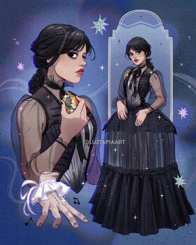 1girl artist_name black_dress black_eyes black_hair black_nails dress freckles highres long_dress luztapiaart multiple_views musical_note see-through_clothes severed_hand the_addams_family thing_(the_addams_family) watermark wednesday_(netflix) wednesday_addams