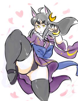 Rule 34 | 1boy, ahoge, androgynous, animal ears, black hair, black panties, black thighhighs, bracelet, bulge, cat boy, cat ears, clenched hand, cowboy shot, crossdressing, crossdressing (mtf), eyeshadow, fighting stance, fingerless gloves, gloves, hair ornament, highres, hip focus, japanese clothes, jewelry, kimono, leg up, lipstick, long hair, makeup, male focus, mole, panties, petals, rei (yellow kirby), simple background, solo, thick eyebrows, thick thighs, thighhighs, thighs, trap, underwear, white background, wide hips, yellow eyes, yellow kirby