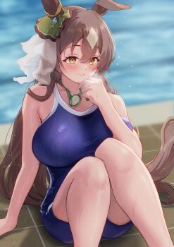 1girl absurdres animal_ears arm_support bare_shoulders blue_one-piece_swimsuit blurry blurry_background blush breasts brown_hair commentary_request competition_school_swimsuit ear_ornament goggles goggles_around_neck hair_between_eyes highres horse_ears horse_girl horse_tail knees_up large_breasts looking_at_viewer multicolored_hair on_ground one-piece_swimsuit p1_fcoyaa pool poolside satono_diamond_(umamusume) school_swimsuit smile solo streaked_hair swimsuit tail tiles tracen_swimsuit umamusume white_hair yellow_eyes