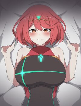 1girl absurdres bed_sheet black_one-piece_swimsuit blush breasts brown_eyes closed_mouth commentary_request covered_navel from_above hands_up hello_pty highres huge_breasts impossible_clothes impossible_swimsuit lying medium_hair on_back one-piece_swimsuit pyra_(pro_swimmer)_(xenoblade) pyra_(xenoblade) red_hair red_one-piece_swimsuit shadow sheet_grab smile solo swept_bangs swimsuit tiara upper_body xenoblade_chronicles_(series) xenoblade_chronicles_2