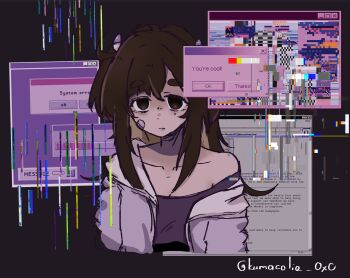 1girl bandaid bandaid_on_cheek bandaid_on_face blonde_hair breasts brown_eyes brown_hair cleavage collarbone cropped_torso english_text error_message glitch hair_ornament jacket kumacolie_0x0 long_hair love_angel_syndrome mole mole_under_eye multicolored_hair off-shoulder_shirt off_shoulder open_clothes open_jacket parted_lips pill_hair_ornament pink_jacket purple_background purple_shirt shaded_face shirt short_twintails signature single_bare_shoulder twintails twitter_username two-tone_hair upper_body window_(computing) yuuna_(love_angel_syndrome)