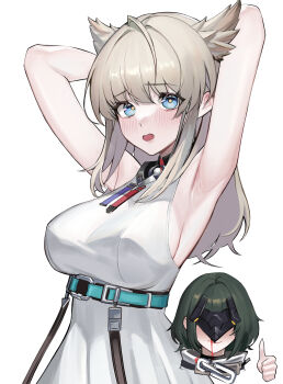 2girls absurdres arknights arknights:_endfield armpits arms_behind_head blood blue_eyes blush breasts commentary db_(geuze) dress embarrassed endministrator_(arknights) female_endministrator_(arknights) green_hair grey_hair highres long_hair looking_at_viewer medium_breasts multiple_girls nosebleed open_mouth perlica_(arknights) presenting_armpit short_hair simple_background sleeveless sleeveless_dress thumbs_up white_background white_dress yellow_pupils