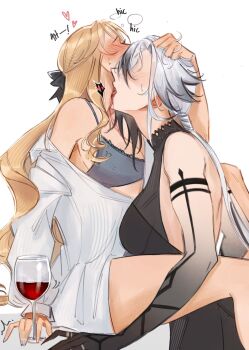 2girls arlecchino_(genshin_impact) babylo669 between_legs black_dress black_streaks blonde_hair blush bra breasts cleavage colored_extremities commentary cup dress drinking_glass english_commentary genshin_impact grey_bra heart highres large_breasts licking licking_another&#039;s_neck long_hair multiple_girls navia_(genshin_impact) red_wings shirt simple_background sweat underwear white_background white_hair white_shirt wine_glass wings yuri