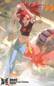 1girl arms_up autumn black_shirt colored_sclera crop_top demonqz7 falling_leaves flannery_(pokemon) gen_2_pokemon hands_up highres lava leaf looking_at_viewer magcargo navel nintendo onsen open_mouth orange_leaf pokemon pokemon_(creature) pokemon_ruby/sapphire/emerald red_eyes red_hair shirt snail tied_shirt yellow_sclera