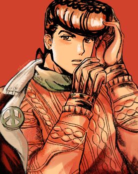 Rule 34 | 1boy, black jacket, diamond wa kudakenai, earrings, gloves, hand in own hair, higashikata josuke, highres, jacket, jewelry, jojo no kimyou na bouken, long hair, male focus, open clothes, open jacket, open mouth, orange background, peace symbol, pompadour, rubynman, solo, sweater, upper body, very long hair