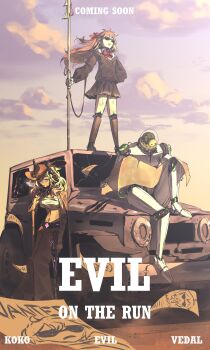 1boy 2girls absurdres animal_ears belt black_belt black_cardigan black_skirt blonde_hair bow bowtie brown_hair brown_hat brown_jacket brown_pants cardigan closed_mouth dress_shirt english_text evil_neuro-sama floating_hair from_side full_body gun hair_ribbon hashtag-only_commentary hat highres holding holding_gun holding_harpoon holding_map holding_weapon indie_virtual_youtuber jacket jeep_(company) kapxapius koko_d._nuts long_hair long_sleeves map mechanical_arms mechanical_legs monkey_ears monkey_girl multiple_girls neuro-sama off-shoulder_cardigan outdoors pants pink_eyes pleated_skirt red_bow red_bowtie red_ribbon ribbon robot robot_girl shirt sitting skirt standing sunglasses turtle vedal987 vedal_ai virtual_youtuber wanted_poster weapon white_shirt