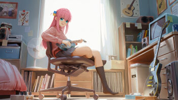 1girl 3d bedroom black_skirt black_socks bocchi_the_rock! book bookshelf cable chair commentary_request computer computer_tower crossed_bangs cube_hair_ornament curtains day desk electric_fan electric_guitar from_side full_body gotoh_hitori guitar hair_between_eyes hair_ornament highres holding holding_instrument holding_ukulele indoors instrument jacket kneehighs leg_up lin_sen_lins long_bangs long_hair long_sidelocks long_sleeves looking_at_viewer looking_to_the_side no_shoes on_chair open_mouth picture_frame pink_hair pink_jacket pleated_skirt poster_(object) radio raised_eyebrows sidelocks sitting skirt socks solo speaker straight_hair swivel_chair television track_jacket ukulele window