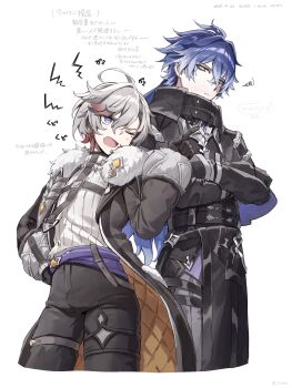 2boys absurdres ahoge annoyed blue_eyes closed_mouth coppepan crossed_arms crossed_bangs flins_(genshin_impact) fur_trim genshin_impact gloves greyscale hand_on_own_hip highres illuga_(genshin_impact) looking_at_another monochrome multiple_boys one_eye_closed open_mouth white_background yellow_eyes