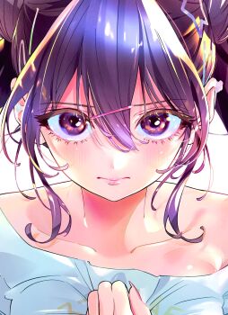 1girl blush closed_mouth collarbone commentary_request double-parted_bangs hair_between_eyes hair_ornament hairclip highres kabaya_yumiko kakunaru_ue_wa looking_at_viewer miyamoto_niina off-shoulder_shirt off_shoulder pink_lips portrait purple_eyes purple_hair shirt sidelocks solo straight-on twintails white_shirt