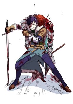2boys aqua_cape aqua_tunic arm_up armor belt black_shirt blood blood_on_clothes blood_on_face blood_on_ground bloody_weapon blue_hair brown_belt brown_gloves cape cape_clasp carrying carrying_person clenched_teeth dosukoi_daishogun felix_hugo_fraldarius felix_hugo_fraldarius_(timeskip) fire_emblem fire_emblem:_three_houses full_body fur-trimmed_cape fur-trimmed_gloves fur_trim gauntlets gloves hand_on_another&#039;s_arm hand_on_weapon highres holstered injury leather_armor leather_belt looking_to_the_side male_focus multiple_belts multiple_boys nintendo orange_eyes parted_hair piggyback red_hair shirt sideways_glance simple_background standing sword sylvain_jose_gautier sylvain_jose_gautier_(timeskip) teeth tunic turtleneck unconscious uneven_eyes weapon white_background white_fur