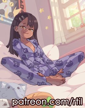 1girl animal_print asymmetrical_bangs bed_sheet black_hair breasts brown_eyes cat_print center_opening commentary earclip english_commentary fang grin hair_ornament hairclip ijiranaide_nagatoro-san long_hair looking_at_viewer morning nagatoro_hayase on_bed pajamas pillow rtil skin_fang small_breasts smile solo stuffed_toy tan