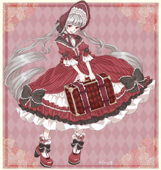 Rule 34 | 1girl, ankle bow, ankle ribbon, argyle background, bonnet, border, bow, bowtie, brooch, brown bow, classic lolita, closed mouth, commentary request, dress, dress bow, drill hair, eyelashes, flower, frilled bow, frilled dress, frilled headwear, frilled sleeves, frilled socks, frills, full body, grey bow, grey hair, hair through headwear, happy, high heels, highres, hino (8), holding, holding suitcase, jewelry, leg ribbon, lipstick, lolita fashion, long dress, long hair, long sleeves, maiden's romance (miracle nikki), makeup, miracle nikki, nikki (series), official alternate color, outside border, partial commentary, picture frame, pink lips, puffy long sleeves, puffy sleeves, pumps, red background, red bonnet, red bow, red bowtie, red dress, red eyes, red ribbon, red shoes, ribbon, ribbon legwear, rose, shirt, shirt under dress, shoes, signature, sleeve bow, smile, socks, solo, striped bow, striped clothes, striped dress, suitcase, three-quarter sleeves, twin drills, twintails, vertical-striped clothes, vertical-striped dress, very long hair, white border, white shirt, white socks