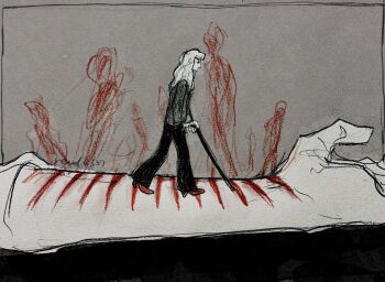 Rule 34 | 1girl, 1other, cane, from side, hand in pocket, highres, holding, holding cane, long hair, mini person, minigirl, original, outstretched arm, revol4357, scar, scar on arm, size difference, walking, wrist cutting