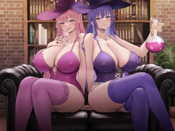 2girls absurdres blush book bookshelf breasts camisole cleavage closed_mouth collarbone couch covered_erect_nipples crossed_legs flask hat highres huge_breasts indoors jewelry long_hair looking_at_viewer multiple_girls necklace non-web_source oekakizuki open_mouth original pink_camisole pink_eyes pink_hair pink_hat pink_thighhighs purple_camisole purple_eyes purple_hair purple_hat purple_thighhighs ring round-bottom_flask sidelocks sitting smile thighhighs thighs witch_hat