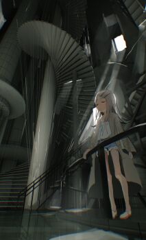 Rule 34 | 1girl, absurdres, belt, black belt, blue shorts, brown robe, closed mouth, colored eyelashes, flipped hair, gakuen idolmaster, grey hair, hair ornament, hairclip, half-closed eyes, hand on railing, highres, idolmaster, indoors, light rays, long hair, looking ahead, midriff peek, open clothes, open robe, orange eyes, orange ribbon, parallel hairclips, parted bangs, railing, ribbon, robe, shinosawa hiro, shoes, short shorts, shorts, solo, spiral staircase, stairs, sunbeam, sunlight, utsusemi 1024, white shoes, wide shot, window shadow