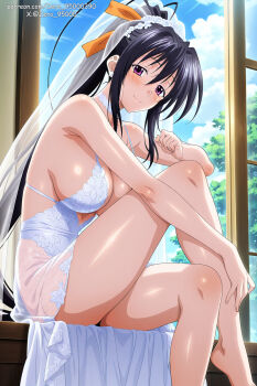 1girl bare_arms bare_legs black_hair blush breasts cleavage clothing_request hair_ribbon high_school_dxd highres himejima_akeno indoors long_hair looking_at_viewer original ponytail purple_eyes ribbon simple_background smile solo veil very_long_hair zero_95000