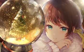 1girl aran_sweater arm_rest blush brown_hair cable_knit christmas christmas_tree closed_mouth commentary_request crying crying_with_eyes_open green_eyes happy_tears head_rest kazari_hisa original portrait reflection scarf short_hair smile snow_globe solo streaming_tears sweater swept_bangs tears white_sweater yellow_scarf