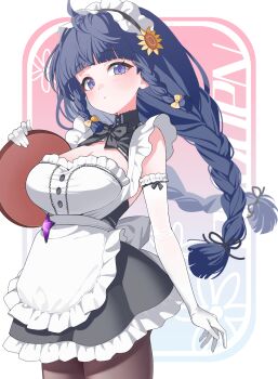 1girl apron blue_hair braid breasts brown_pantyhose cleavage closed_mouth dress elbow_gloves floating_hair flower gloves hair_flower hair_ornament highres holding holding_tray long_hair maid maid_apron maid_headdress nanoha_(stella_sora) nanoha_(when_distant_winds_rise)_(stella_sora) official_alternate_costume pantyhose purple_eyes simple_background sirin_(sirin_8_8) solo standing stella_sora sunflower sunflower_hair_ornament tray twin_braids very_long_hair white_apron white_background white_gloves