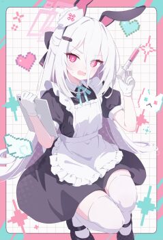 1girl absurdres animal_ears apron black_bow black_dress black_shoes blue_archive blush bow collared_dress commentary_request dress eyes_visible_through_hair frilled_apron frills gaaratelier gloves grid_background hair_between_eyes hair_bow halo hat heart highres holding holding_syringe kei_(blue_archive) kei_(new_body)_(blue_archive) long_hair looking_at_viewer maid maid_apron nurse nurse_cap open_mouth pixelated puffy_short_sleeves puffy_sleeves rabbit_ears red_eyes ringed_eyes shoes short_sleeves solo sweat syringe tablet_pc thighhighs tilted_headwear very_long_hair wavy_mouth white_apron white_gloves white_hair white_hat white_thighhighs
