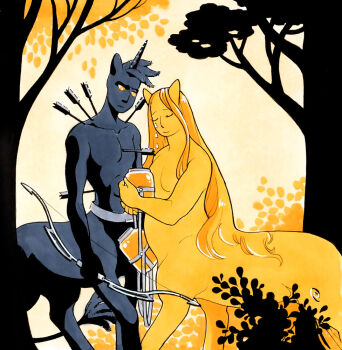 1boy 1other animal_ears arrow_(projectile) arrow_in_body belt blonde_hair bow_(weapon) bright_pupils bush centaur closed_eyes colored_skin commentary crying dreadlocks english_commentary fleebites frown grey_hair grey_horns grey_skin holding holding_bow_(weapon) holding_jar holding_weapon honey horns horse_ears jar long_hair original outdoors smile standing tail taur topless_male topless_other traditional_media tree unicorn unicorn_horn very_long_hair weapon white_pupils yellow_background yellow_eyes yellow_skin yellow_theme