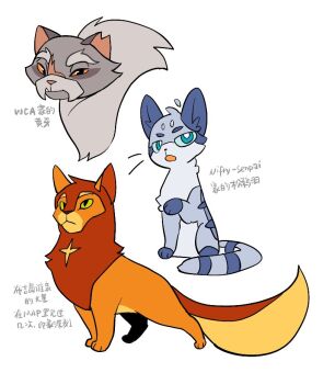 ahoge animal_focus aqua_eyes blind borrowed_design bright_pupils cat chinese_text commentary detached_ahoge fangs firestar_(warrior_cats) flat_color full_body green_eyes grey_cat hashtag-only_commentary jayfeather looking_at_viewer nifty-senpai_(style) no_humans open_mouth orange_cat orange_eyes rehtaef scar simple_background sitting tabby_cat translation_request warrior_cats whiskers white_background white_pupils yellowfang