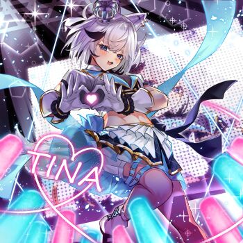 1girl absurdres animal_ear_piercing animal_ears black_streaks blue_eyes blue_skirt blush boots breasts character_name commentary_request cowboy_shot crossed_bangs crown dog_ears dog_girl gloves glowstick heart heart_hands heart_in_heart_hands highres idol idol_clothes jacket kmnz light_particles looking_at_viewer medium_breasts midriff mini_crown mob_hz multicolored_hair open_mouth short_hair short_sleeves skirt smile solo stage stage_lights streaked_hair tina_(kmnz) two-tone_skirt virtual_youtuber white_boots white_gloves white_hair white_jacket white_skirt