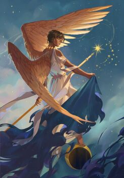 1boy above_clouds aegyo_sal barefoot blue_sky brown_eyes brown_hair cloud dark-skinned_male dark_skin expressionless feathered_wings full_body gukkhwa head_tilt highres holding holding_cloak holding_staff looking_at_viewer looking_back lucifer_(mythology) male_focus moon orange_wings robe sky solo sparkle staff star_(sky) starry_sky the_bible toned toned_male white_robe wings