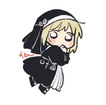 1girl axis_powers_hetalia black_boots black_dress black_eyes black_veil blonde_hair blush_stickers boots chibi chibi_only closed_mouth commentary_request cross dress from_side full_body hand_on_own_chin hand_up liechtenstein_(hetalia) long_sleeves looking_at_viewer mi_aph_to nun puffy_long_sleeves puffy_sleeves short_hair simple_background solo standing standing_on_one_leg two-tone_dress veil white_background white_dress