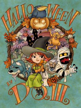 Rule 34 | 1girl, black boots, black eyes, black hat, boots, cape, chibi, commentary request, copyright name, creature request, dragon quest, dragon quest iii, dress, gloves, graveyard, green dress, halloween, hat, highres, holding, holding staff, jack-o'-lantern, leaf, looking to the side, mage (dq3), mage staff, monster, mummy, mummy (dragon quest), murakami yumiko, orange cape, orange gloves, orange socks, pumpkin, red hair, saliva, short hair, sitting, smile, socks, staff, tombstone, two-sided cape, two-sided fabric, walking corpse (dragon quest), white cape, witch, witch hat, zombie