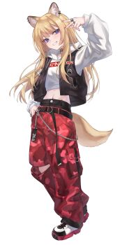 1girl absurdres animal_ears baggy_pants belt black_vest blonde_hair blue_eyes collar cropped_hoodie dog_ears dog_girl dog_tail full_body grin hand_in_pocket highres hood hood_down hoodie inward_v jewelry kmnz lita_(kmnz) long_hair long_sleeves looking_at_viewer midriff multiple_rings navel open_clothes open_vest pants platform_shoes red_pants rei_(9086) ring shoes simple_background smile tail v vest virtual_youtuber white_background white_hoodie zipper