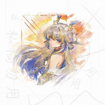 Rule 34 | 1girl, aqua eyes, arknights, blonde hair, blue hair, closed mouth, commentary request, commission, cropped torso, dragon horns, earrings, eastern dragon horns, grey hair, hair intakes, highres, horns, jewelry, long hair, looking at viewer, multicolored hair, pointy ears, red pupils, shu (arknights), solo, watermark, xiaoxiaoxiaoxiaodehuo