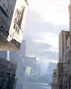 absurdres animal bird building cloud cloudy_sky commentary english_commentary flock highres lake landscape mountain original outdoors painterly raphael-lacoste scenery signature sky sunlight window