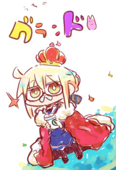Rule 34 | 1girl, artoria pendragon (fate), black boots, blonde hair, blue dress, boots, bright pupils, cape, chibi, chibi only, commentary request, cup, dress, fate/grand order, fate (series), full body, fur-trimmed cape, fur trim, glasses, holding, holding cup, kasuga yuuki, looking at viewer, mysterious heroine x alter (fate), red cape, solo, standing, translation request, white pupils, yellow eyes
