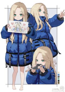 1girl aqua_eyes arms_up bare_legs barefoot biting blonde_hair blue_coat closed_mouth coat color_guide commentary crayon_drawing diana_(pragmata) hands_up highres holding holding_paper long_hair long_sleeves looking_at_viewer multiple_views outstretched_arms padded_coat paper pragmata puffy_long_sleeves puffy_sleeves smile spread_arms stoner08