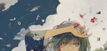 1girl aircraft arm_up cloud door flower gears green_eyes green_hair highres hot_air_balloon instrument ka_(996beshi) original paper_airplane petals piano red_flower sky solo stuffed_animal stuffed_toy teddy_bear window