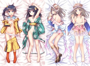 3girls ahoge araragi_karen araragi_tsukihi armpits ass atelier_(series) atelier_totori bakemonogatari barefoot blue_eyes blue_hair boots breasts brown_hair clothes_lift clothes_pull dakimakura_(medium) dress dress_pull female_focus flat_chest groin hairband highres hiraga_matsuri hirasato japanese_clothes kimono knee_boots leotard loli long_hair lying medium_breasts monogatari_(series) multiple_girls navel nipples obi off_shoulder open_clothes open_kimono panties panty_pull pink_boots pulling_own_clothes ribbon sash shirt_lift shorts shorts_pull side_ponytail small_breasts socks toothbrush toothpaste totooria_helmold underboob underwear