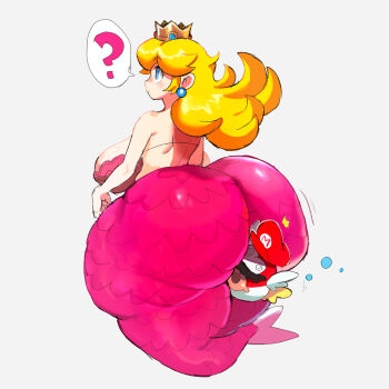 ! 1girl alternate_costume alternate_form ass between_buttocks bikini bikini_top_only blonde_hair blue_eyes breasts cheep_cheep crown earrings face_in_ass facial_hair fapo fat fat_woman grey_background hat highres huge_ass huge_breasts jewelry long_hair mario_(series) mermaid monster_girl mustache nintendo pink_bikini princess_peach red_hat simple_background speech_bubble sphere_earrings swimsuit