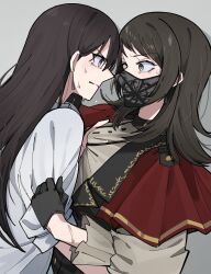 Rule 34 | 2girls, bang dream!, bang dream! it&#039;s mygo!!!!!, black gloves, black hair, black vest, capelet, closed mouth, commentary request, earrings, eye contact, gloves, green eyes, grey background, hair behind ear, hair between eyes, highres, jacket, jewelry, long hair, long sleeves, looking at another, mask, medium hair, mouth mask, multiple girls, nanami (nunnun 0410), purple eyes, red capelet, shiina taki, shirt, shirt grab, sidelocks, simple background, sweat, sweatdrop, vest, white jacket, white shirt, yahata umiri, yuri