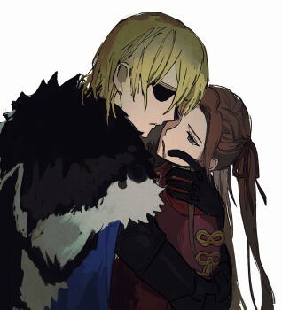Rule 34 | 1boy, 1girl, age difference, black fur, blonde hair, blood, blood from mouth, blue cape, brown hair, cape, closed mouth, couple, death, dimitri alexandre blaiddyd, dimitri alexandre blaiddyd (timeskip), dress, edelgard von hresvelg, edelgard von hresvelg (young), empty eyes, eyepatch, fire emblem, fire emblem: three houses, fur trim, hair between eyes, hair ribbon, head tilt, heads together, height difference, highres, ikaikakka, long hair, long sleeves, messy hair, mixed-language commentary, nintendo, open mouth, parted bangs, purple eyes, ribbon, spoilers, twintails, upper body