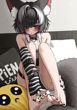 1girl absurdres animal_ear_fluff animal_ears barefoot belt_collar black_collar black_hair black_nails black_shorts blush cat_ears collar commentary commission detached_sleeves emoji english_commentary feet foot_focus foreshortening fox_ears fox_girl fox_tail goth_fashion hands_on_feet highres lobsteranian mole mole_under_eye multicolored_hair nail_polish open_mouth original pleading_face_emoji purple_eyes short_hair short_shorts shorts sitting soles striped_sleeves tail toenail_polish toenails toes two-tone_hair white_hair