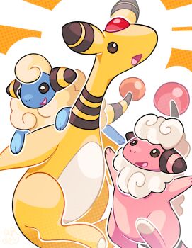 Rule 34 | ampharos, blue fur, evolutionary line, fadedleara, flaaffy, gen 2 pokemon, mareep, nintendo, no humans, open mouth, pink fur, pokemon, pokemon (creature), tail, wool, yellow fur
